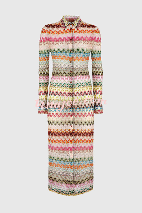 Anna Knit Colorful Herringbone Print Shirt Neck Button Long Sleeve Slim-fit Long Cardigan