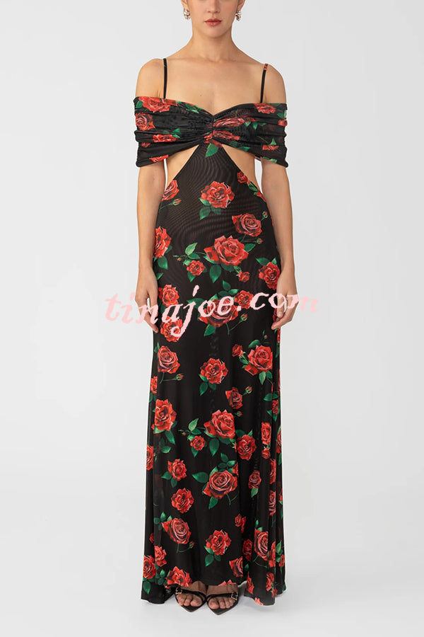 Rose Print Sexy Strapless Backless Slim Maxi Dress