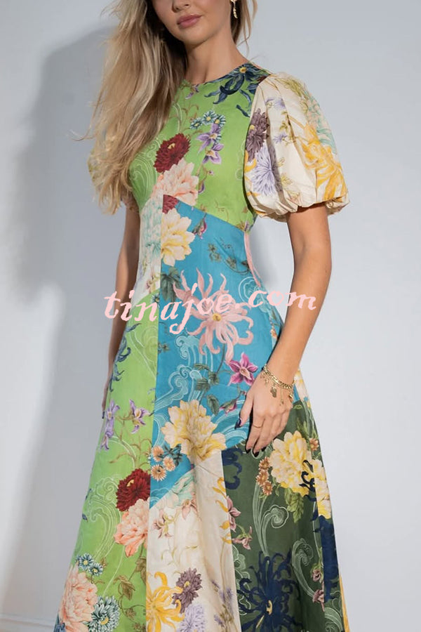 Floral Print Round Neck Puff Sleeve Casual Midi Dress