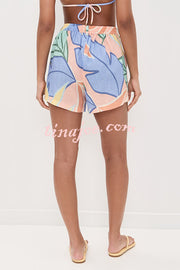 Bella Linen Blend Colorful Unique Print Long Sleeve Blouse and Elastic Waist Pocket Loose Shorts Set
