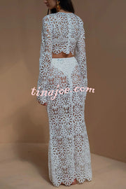 Balmy Summers Crochet Lace Floral Pattern Elastic Waist Fishtail Vacation Maxi Skirt