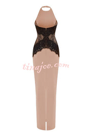 Sexy Halterneck Lace Paneled Backless Slim Maxi Dress