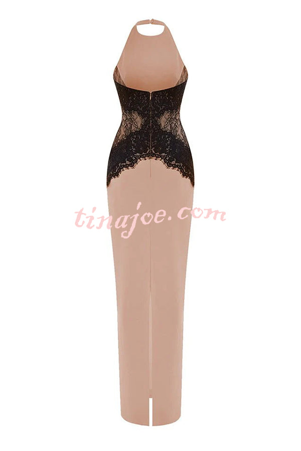 Sexy Halterneck Lace Paneled Backless Slim Maxi Dress