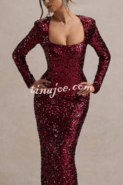 My Dream Sequin Square Neck Long Sleeves Slit Maxi Dress