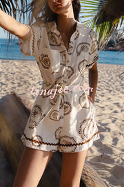 Resort Style Print Lapel Short Sleeves Casual Pocket Waist Tie Loose Rompers