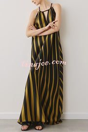 Striped Print V-Neck Loose Beach Vacation Maxi Dress