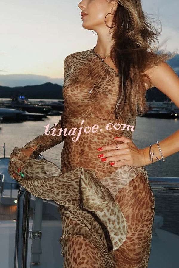 Leopard Print One Sleeve Sexy See-Through Fit Maxi Dress