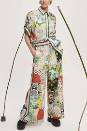 Linen Blend Lapel Short Sleeve Loose Top and Elastic Waist Casual Pocket Wide Leg Pants Set