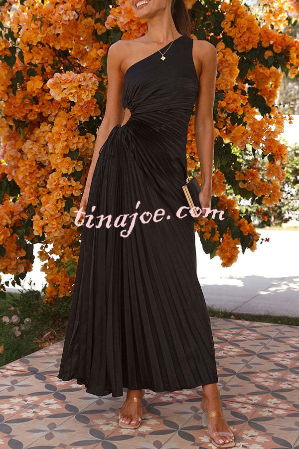 Charming One Shoulder Lace Up Cutout Pleated Maxi Dress