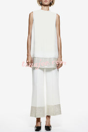 Simple But Not Simple Sequin Trim High Neck Sleeveless A-line Top