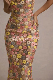80's Inspired Floral Print Sequin Square Neck Slip Stretch Maxi Dress