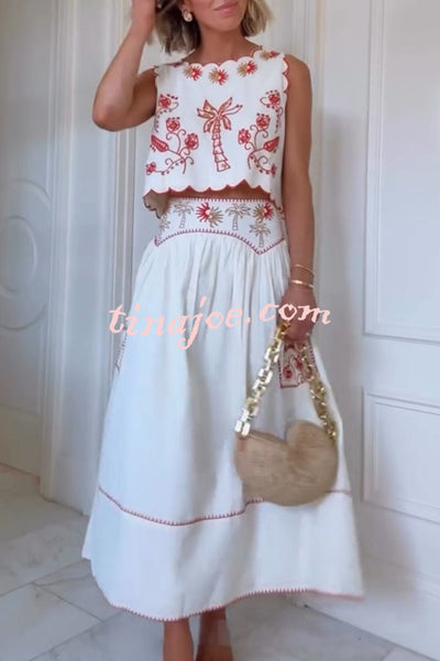 Celsey Embroidered Print Scallop Trim Lace-up Top and Elastic Waist Pocket Maxi Skirt Set
