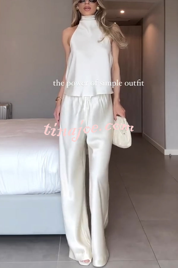 Modern Day Glam Satin Halter Tie-up Tank and Elastic Waist Wide Leg Pants Set