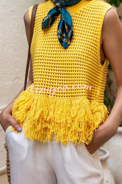 Solid Color Round Neck Sleeveless Hollow Tassel Loose Vest