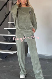 Solid Color Velvet Round Neck Bat Sleeve Casual Top and Elastic Waist Loose Pocket Pants Set