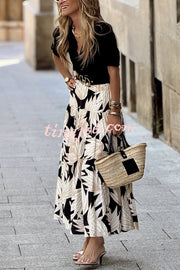 Resort Style Botanical Print Elastic Waist Loose Stitching Midi Skirt