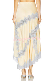 Wine Tasting Contrast Color Satin Lace Trim Irregular Hem Drape Midi Skirt