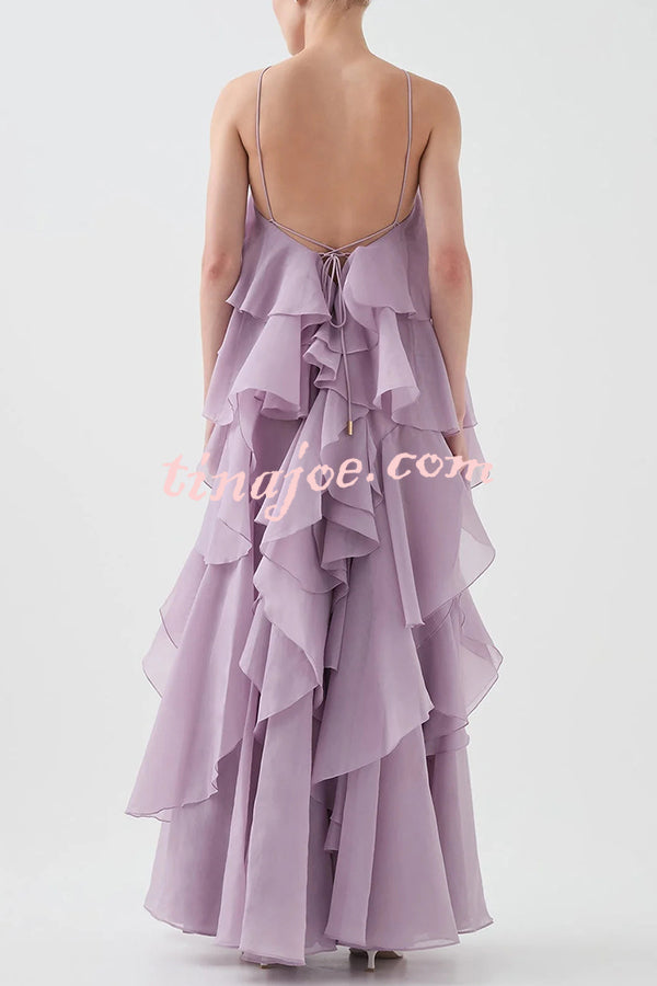 Free - Flowing Rose Detail Tiered Ruffles Halter A-line Maxi Dress