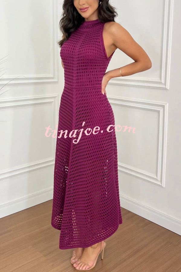 Violet Crochet Knit Round Neck Texture A-line Maxi Dress