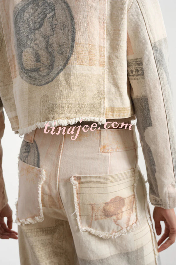 Historic Imagery Unique Print High Rise Pocketed Wide Leg Jeans