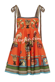 Linen Blend Unique Print Suspender Tie Casual Mini Dress