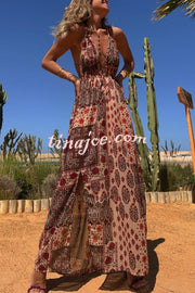 Boho Unique Printed Ring Halter Neck Open Back Slit Maxi Dress