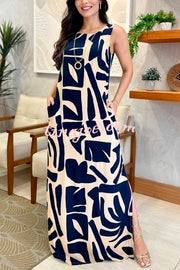 Unique Printed Sleeveless Slit Lace Up Waist Pocket Maxi Dress