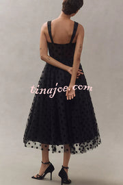 Perfect Guest Tulle Polka Dot Sweetheart Bustier A-Line Midi Dress