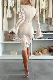 Career Beauty Lace Paneled Long Bell Sleeve Crop Top and High Rise Mini Skirt Set