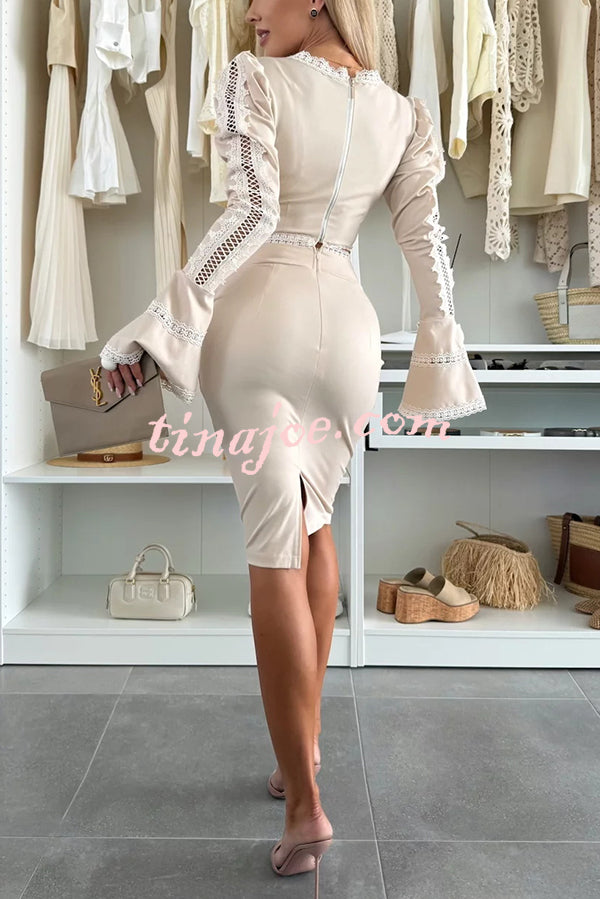 Career Beauty Lace Paneled Long Bell Sleeve Crop Top and High Rise Mini Skirt Set