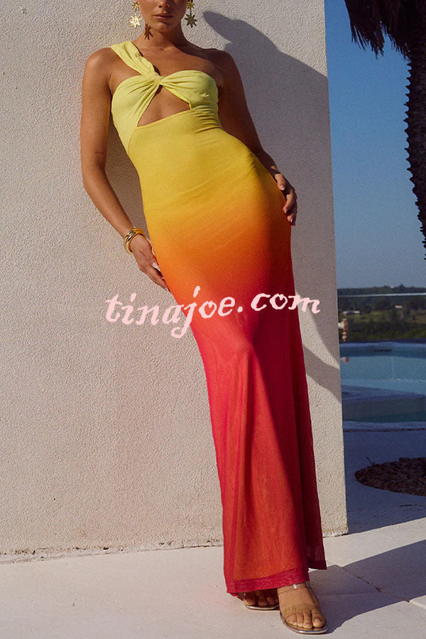 Dreamy Sunset Mesh Ombre Print One Shoulder Cutout Stretch Maxi Dress