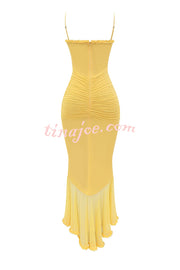 Retro Romantic Style Mesh Ruffle Trim Ruched Slit High Low Maxi Dress