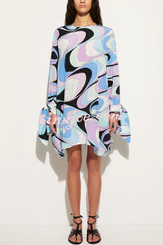 Micah Satin Unique Print Slit Tie-up Sleeve Shift Kaftan Mini Dress