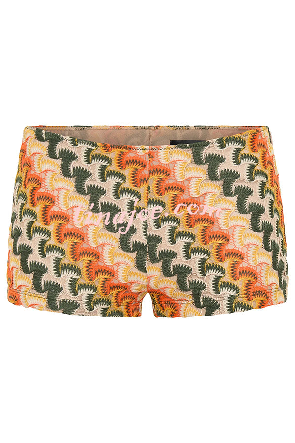 Colorful Zigzag Pattern Sexy One Shoulder Halter Top and Lace Resort Shorts Set
