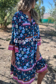 Ethnic Floral Print V-neck Loose Pocket Mini Dress