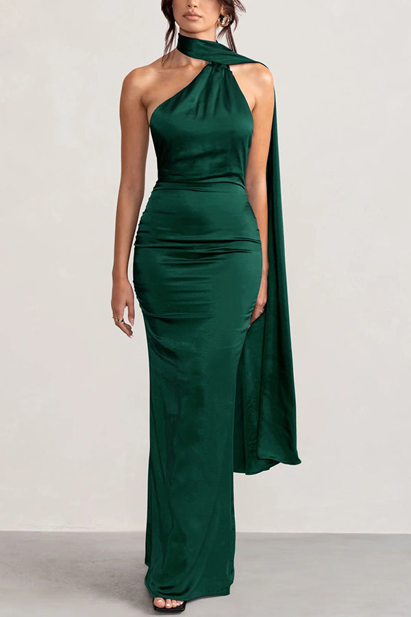 VIP Party Satin Asymmetric Scarf Neck Backless Maxi Dress