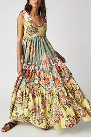 Floral Print Strappy Pleated Paneled Maxi Dress