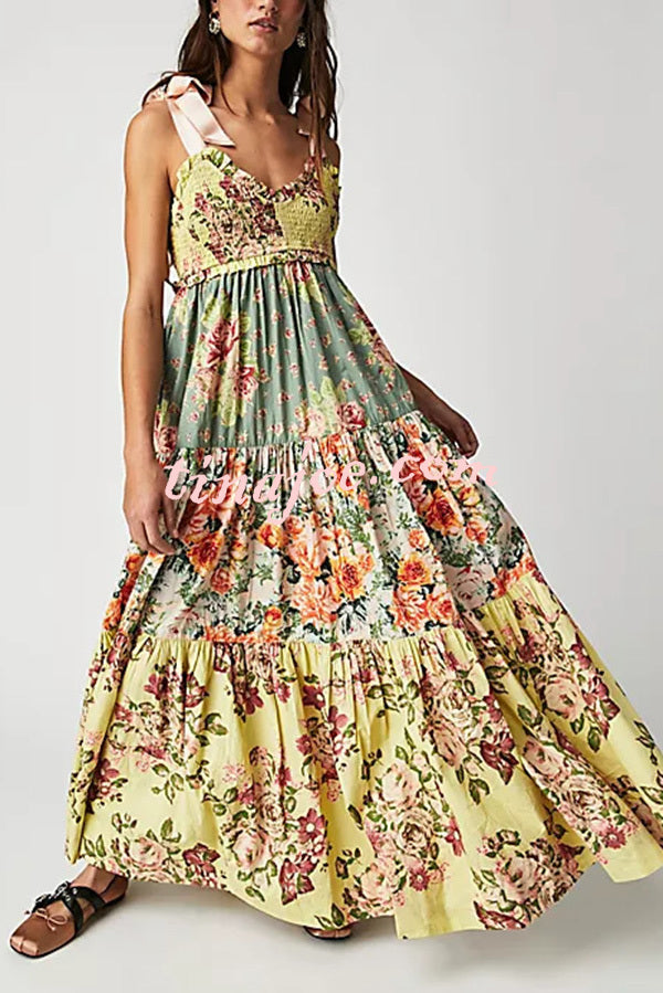 Floral Print Strappy Pleated Paneled Maxi Dress