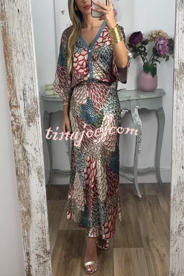 Harlen Satin Unique Printed Loose Shirt Top and Elastic Waist Maxi Skirt Set