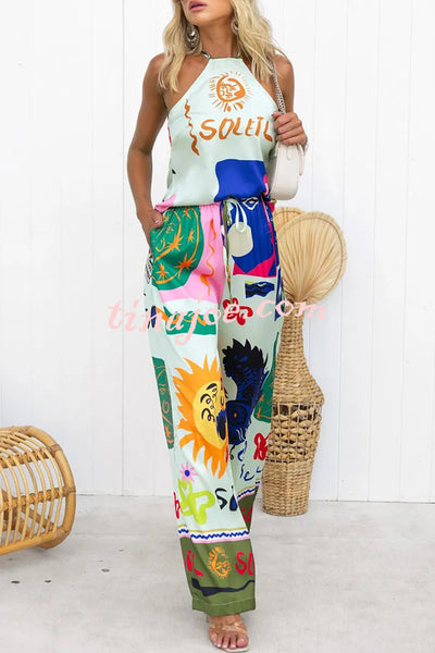 Meet Your Destiny Satin Abstract Print Elastic Waist Pocketed Wide Leg Pants