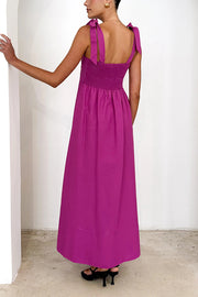 Solid Color Sling Lace-Up Backless Pleated Maxi Dress