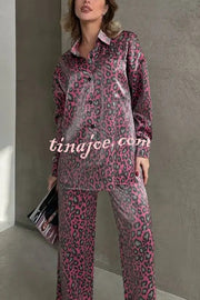 Leopard Print Long-sleeved Casual Top and Loose Elastic Waist Tie Pants Set