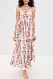 Linen Blend Delicate Forest Unique Print Sweetheart Neck Beaded Straps Maxi Dress