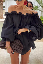 Arnell Linen Blend Off Shoulder Balloon Sleeve Shirt and Elastic Waist Layered Shorts Set