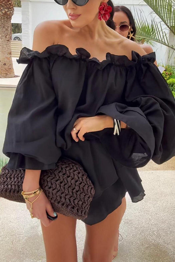 Arnell Linen Blend Off Shoulder Balloon Sleeve Shirt and Elastic Waist Layered Shorts Set