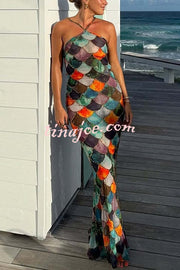 Little Mermaid Colorful Scales Print Halter Maxi Dress