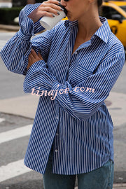 Striped Print Ruffled Long Sleeve Pockets Loose Shirt