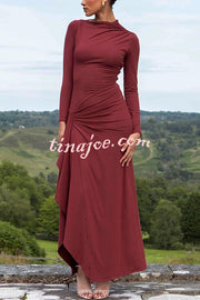 Venus Long Sleeve Ruched Side Slit Drape Ruffles Back Lace-up Stretch Maxi Dress