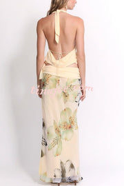 Beautiful Statement Cowl Neck Halter Tank and Floral Ruched Waist Slit Maxi Skirt Set