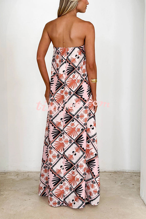 Unique Printed Sexy Strapless Backless Holiday Casual Maxi Dress